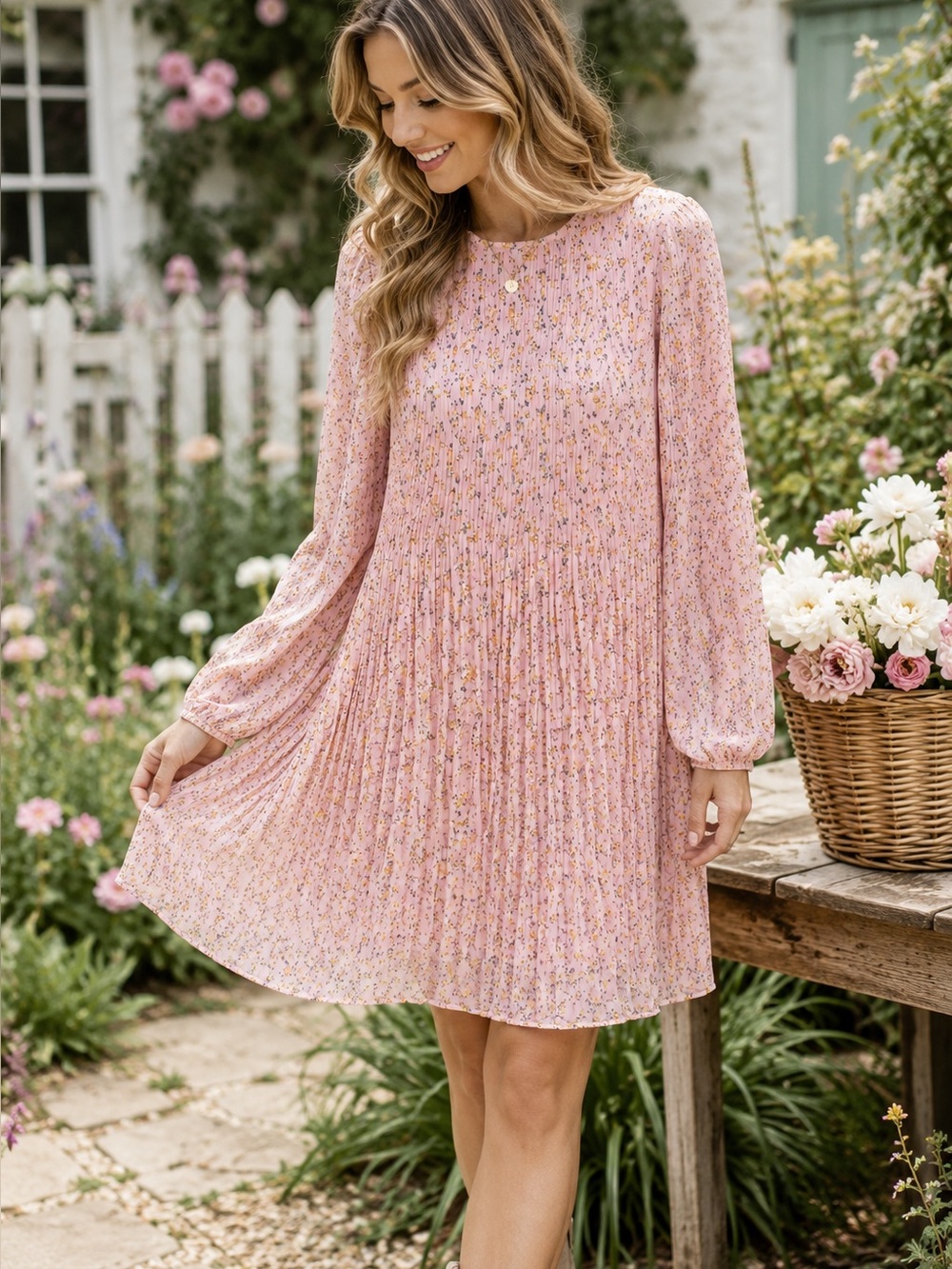 Beyond Words Pleated Floral Mini Dress Medium Pink Long Sleeve Cottagecore Boho